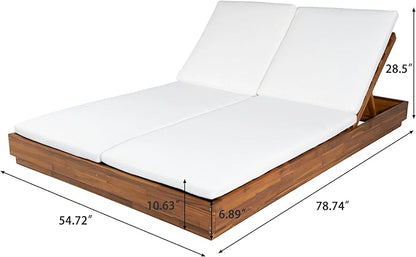 Christopher Knight Home Toridan Double Chaise Lounge Outdoor with Cushion, Acacia Wood Patio Chaise Lounge Set of 2, Adjustable Backrest Poolside Sun Lounger, Wood Sunbathing Chair, Teak+White