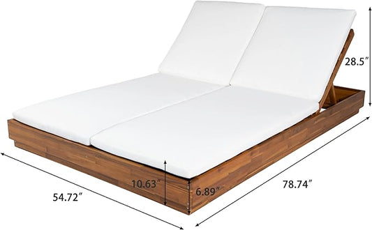 Christopher Knight Home Toridan Double Chaise Lounge Outdoor with Cushion, Acacia Wood Patio Chaise Lounge Set of 2, Adjustable Backrest Poolside Sun Lounger, Wood Sunbathing Chair, Teak+White