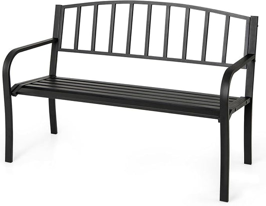 Giantex Metal Outdoor Bench, Patio Garden Bench with Backrest, Curved Armrests, Slatted Seat for 2-3 Persons, 660 LBS, Heavy-Duty Outside Seating Loveseat for Yard, Porch, Park, Black