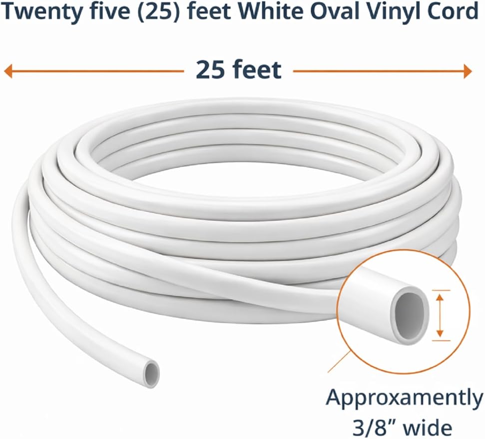 25' White Oval Vinyl Cord Spline Strapping Plastic Mid Century Retro to Repair Patio Furniture Beach Chair