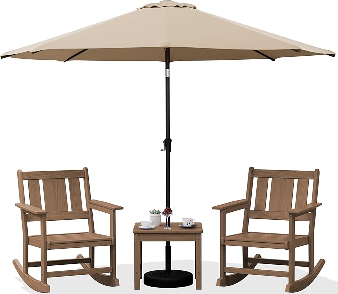 SERWALL Outdoor Rocking Chairs Set of 2 with 1 Side Table & 9ft Patio Umbrella - Photo 1