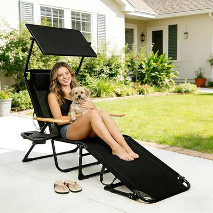 Folding Outdoor Chaise Lounge Chair with Arms, 4 Position Sunbathing Lounge Chair with Shade, Sun Tanning Chairs for Outside Portable with Cup Holders for Beach Patio Camping Poolside Yard (Black- B)
