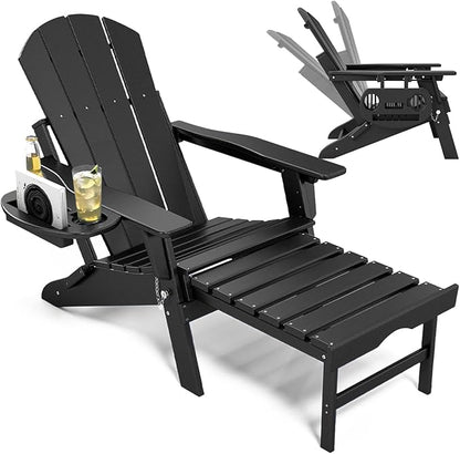 Adjustable Adirondack Chair with Retractable Ottoman, HDPE Folding Adirondack Chair with Cup Holder, All Weather Fire Pit Chair for Outdoor.