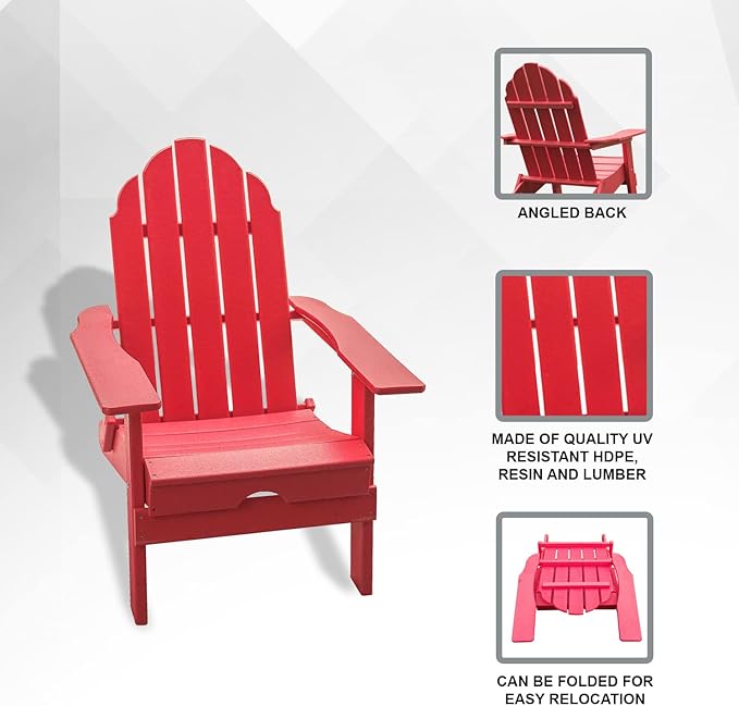 XBrand Foldable Adirondack Chair Weather Resistant, Outdoor Garden, Patio, Lawn, Deck, Backyard, 37.8" Inch Tall, Red