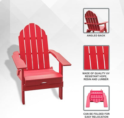 XBrand Foldable Adirondack Chair Weather Resistant, Outdoor Garden, Patio, Lawn, Deck, Backyard, 37.8" Inch Tall, Red