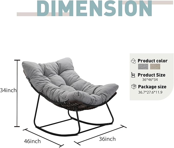 Outdoor Papasan Rocking Chair Oversized - Rocking Chair with Soft Cushion, 30° Rocker Egg Chair for Patio, Front Porch, Backyard, Living Room, Grey