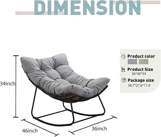 Outdoor Papasan Rocking Chair Oversized - Rocking Chair with Soft Cushion, 30° Rocker Egg Chair for Patio, Front Porch, Backyard, Living Room, Grey