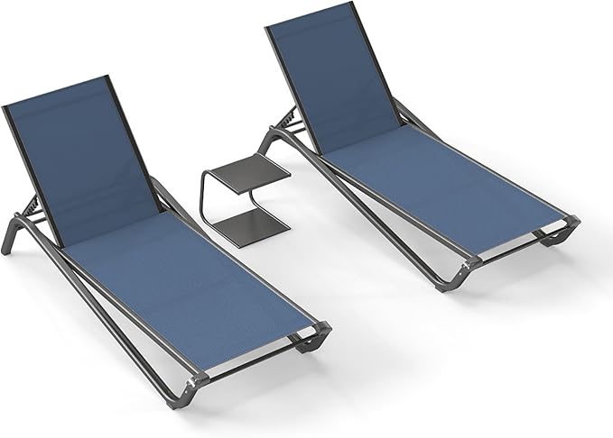 Kingdura Chaise Lounge Chair for Pool, Aluminum Outdoor Lounge Chairs with 5 Positions Recliner, Lightweight Pool Lounger Lounge Chairs for Outside Patio Deck Poolside (Navy Blue, 2 Chairs & 1 Table)