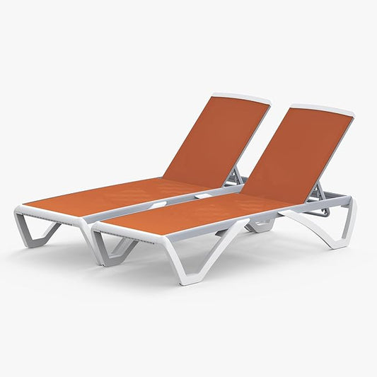Domi Chaise Lounge Outdoor, Patio Lounge Chair with Aluminum Frame, All Weather Pool Lounge Chair for Deck Lawn Backyard, Orange, Set of 2