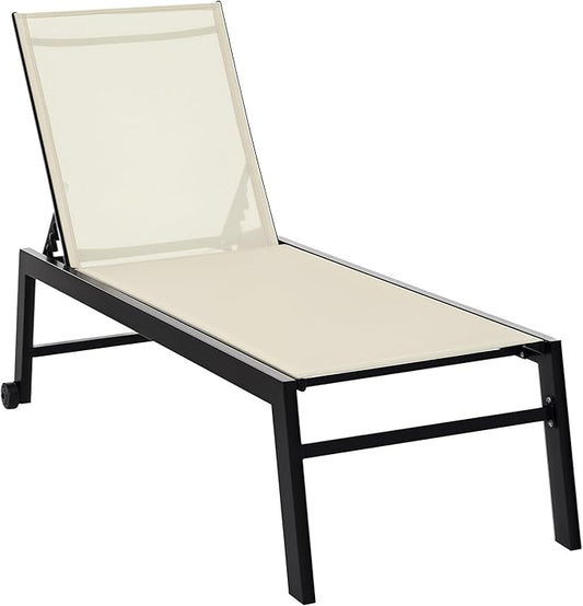Outsunny Outdoor Chaise Lounge with Wheels, Five Position Recliner for Sunbathing, Suntanning, Steel Frame, Breathable Fabric for Beach, Yard, Patio, Cream White
