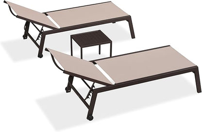 PURPLE LEAF Extra Large Outdoor Chaise Lounge Chairs Set of 2, Aluminum Oversized Patio Loungers with Side Table and Wheels for All Weather for Outside Deck, Lawn, Garden, Sand Beige