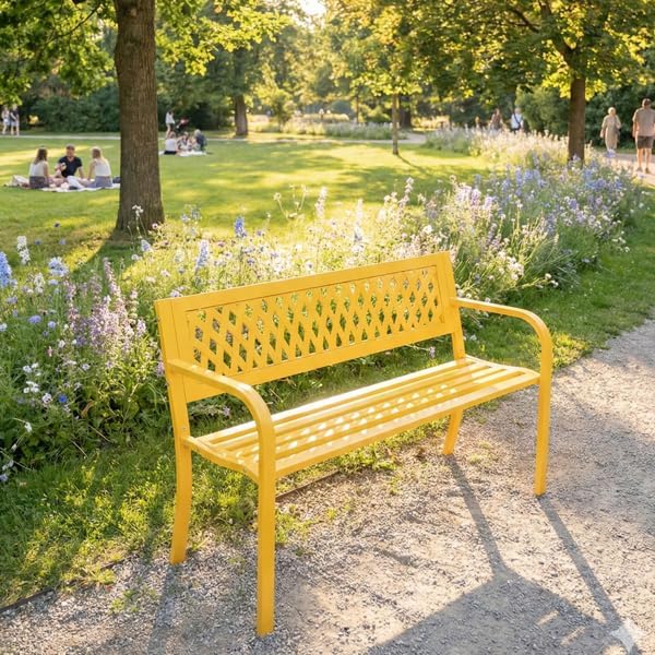 Patio Outdoor Park Loveseat Bench for Garden Porch Deck Made Cast Iron Anti-Rust Aluminum Metal, 2-3 Seater Aluminium Steel (Yellow Mesh)