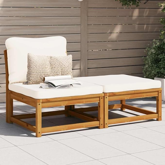 3 Piece Cream White Outdoor Sectional Sofa Set Small Patio Couch & Ottoman Modern Acacia Wood Conversation Furniture for Deck Sunroom and Balcony 28.7 x 24.8 x 25.6 in