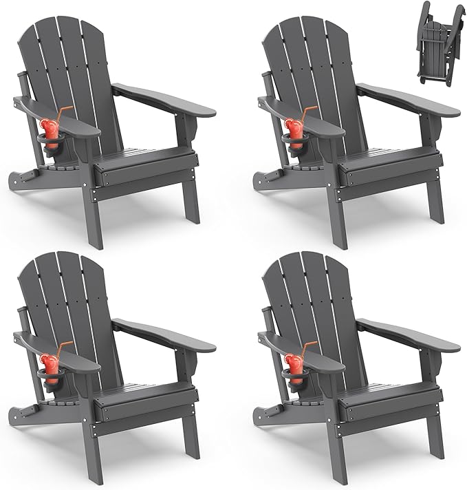 IVY&LANE Folding-Adirondack-Chairs-Set-of-4 | HDPE Plastic | Outdoor Fire Pit Chair with Cup Holder | Grey | Poly | Weather Resistant | for Patio Deck Poolside Garden Beach