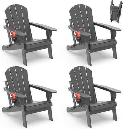 IVY&LANE Folding-Adirondack-Chairs-Set-of-4 | HDPE Plastic | Outdoor Fire Pit Chair with Cup Holder | Grey | Poly | Weather Resistant | for Patio Deck Poolside Garden Beach