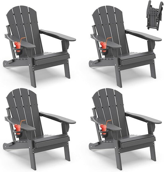 IVY&LANE Folding-Adirondack-Chairs-Set-of-4 | HDPE Plastic | Outdoor Fire Pit Chair with Cup Holder | Grey | Poly | Weather Resistant | for Patio Deck Poolside Garden Beach
