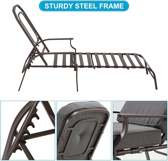 U-MAX Adjustable Outdoor Chaise Lounge Chair Patio Lounge Chair Recliner Furniture with Armrest and Cushion for Deck, Poolside, Backyard (Grey, 1PC