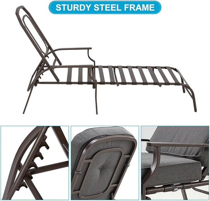 U-MAX Adjustable Outdoor Chaise Lounge Chair Patio Lounge Chair Recliner Furniture with Armrest and Cushion for Deck, Poolside, Backyard (Grey, 1PC