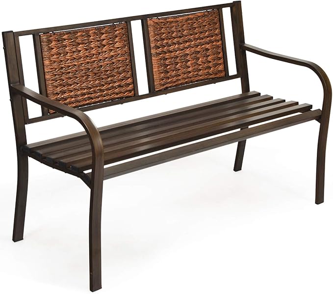 S AFSTAR Outdoor Garden Bench, Brown, Iron, Metal, Polyethylene, Rattan, 50.5 in Width, 2 Adults - Photo 1