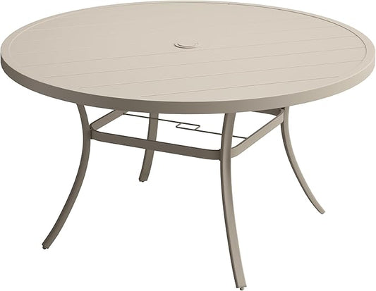 VICLLAX 63" Outdoor Round Patio Table with Umbrella Hole, All Weather Metal Round Outdoor Dining Table for Lawn Garden, 8-10 Person Table, Sandshell