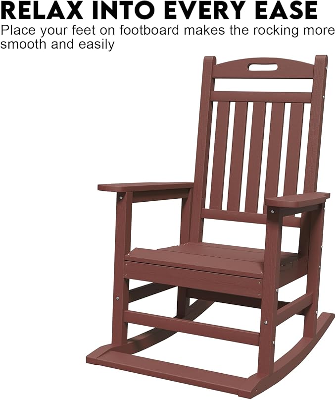 PLUUV Outdoor Rocking Chair, HDPE Patio Rocking Chairs with Footboard, All Weather Porch Rockers Outdoor for Adult, Effortless Installation, Coffee