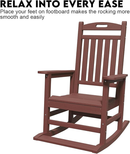 PLUUV Outdoor Rocking Chair, HDPE Patio Rocking Chairs with Footboard, All Weather Porch Rockers Outdoor for Adult, Effortless Installation, Coffee
