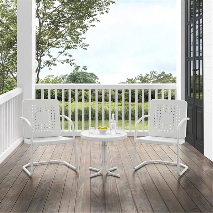 Pemberly Row 3 Piece Metal Outdoor Chair Set, Steel Construction, White Gloss Finish, Retro Patio Furniture with Basket Weave Design, Weatherproof for Small Spaces, Porch, Balcony or Patio Use