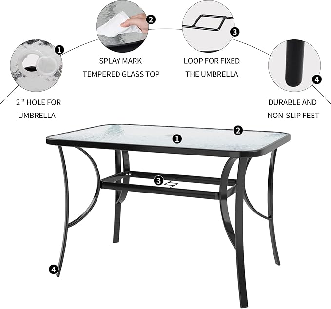 SDHYL 47 Inch Rectangle Tempered Glass Patio Dining Table Patio Table Coffee Table Dining Bistro Table, for Outdoor Garden Balcony Backyard Poolside Lawn, with Umbrella Hole, Black