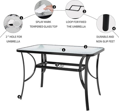 SDHYL 47 Inch Rectangle Tempered Glass Patio Dining Table Patio Table Coffee Table Dining Bistro Table, for Outdoor Garden Balcony Backyard Poolside Lawn, with Umbrella Hole, Black