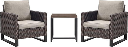 Rilyson Wicker Outdoor Patio Chairs Set - 3 Piece Rattan Patio Furniture Bistro Chairs Set with Waterproof Wicker,Comfortable Cushions and Sturdy Metal Frame for Porch Deck Backyard(Brown/Grey)