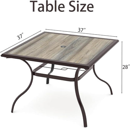 Outdoor Dining Table with Square Wooden-Like PVC Table Top and Umbrella Hole for Bistro, Garden, Poolside, Backyard -Laminated Top Brown Metal Steel Frame