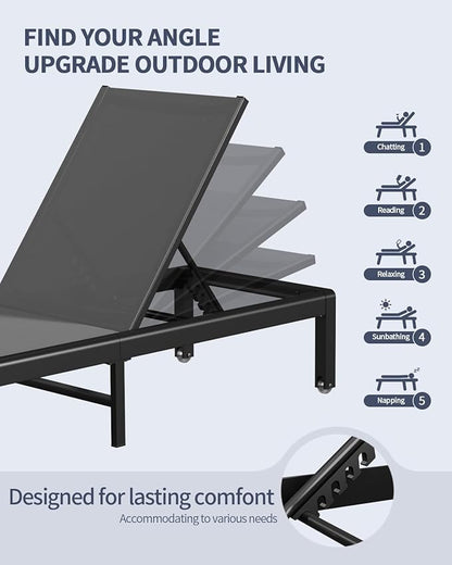 Aluminum Lounge Chairs Outdoor Chaise Furniture,2 Sets Patio Metal Deck Lounger Adjustable 5-Position Poolside Chase Recliner with Wheels for Beach,Coffee Table, (Gray, 1 Chair)