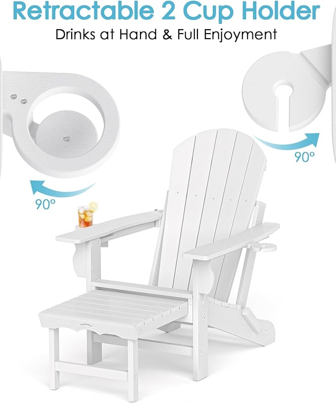 Folding Adirondack Chair with Ottoman, Recyclable HDPE Adirondack Patio Chair with 2 Cup Holder, Outdoor Fire Pit Chairs with Pull Out Footrest, Weather Resistant for Garden, Deck, Poolside, White
