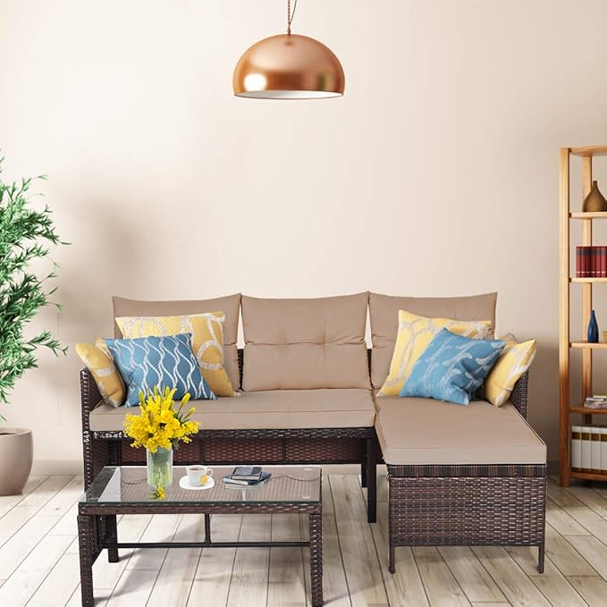 Tangkula Patio Corner Sofa Set 3 Piece, Outdoor Rattan Sofa Set, Includes Lounge Chaise, Loveseat & Coffee Table - Photo 4