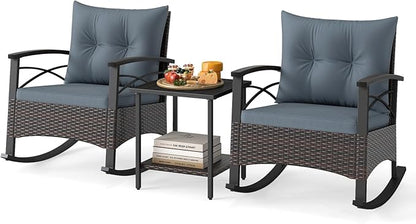 ORALNER 3-Piece Wicker Rocking Chair Set, Outdoor Cushioned Rocker and Acacia Wood Side Table, 400lbs Capacity, PE Rattan Patio Conversation Bistro Set for Porch, Garden, Deck, Poolside, Yard (Gray)