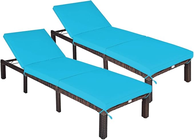 COSTWAY 2PCS Rattan Lounge Chair Chaise Recliner Adjustable Cushioned Turquoise - Photo 1