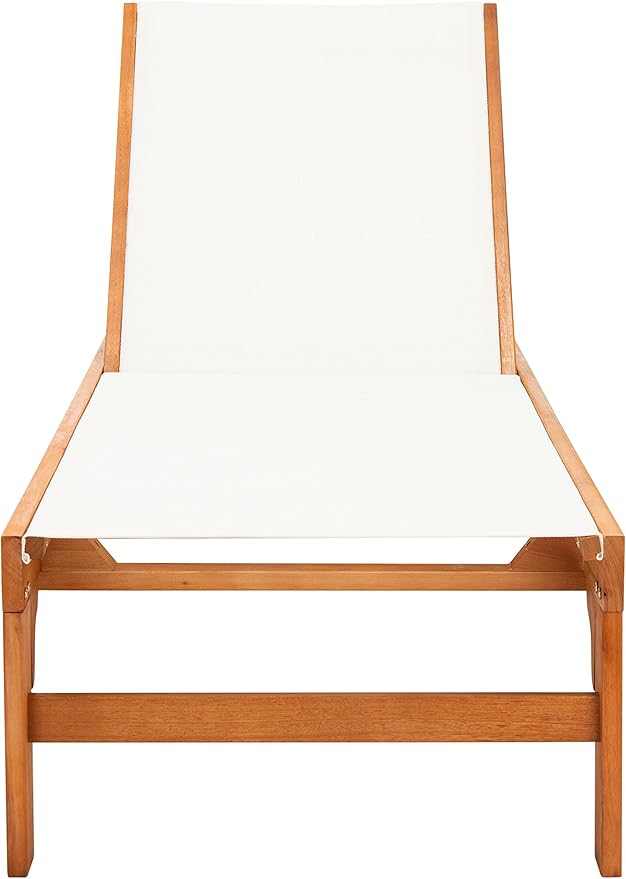 SAFAVIEH Outdoor Collection Ralden Natural Brown Solid Wood/Beige Fabric Adjustable Chaise Lounge Chair (PAT7070A)