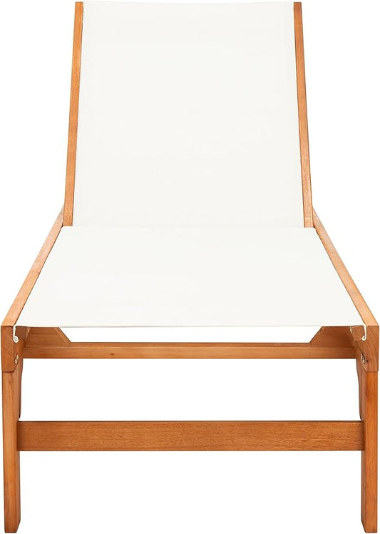 SAFAVIEH Outdoor Collection Ralden Natural Brown Solid Wood/Beige Fabric Adjustable Chaise Lounge Chair (PAT7070A)