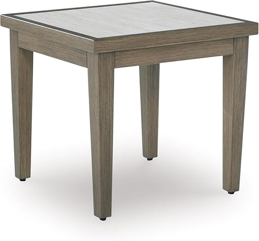 Signature Design by Ashley Rainier Ranch Contemporary Sintered Stone Tabletop Outdoor End Table with 4 Legs, Light Brown & Beige