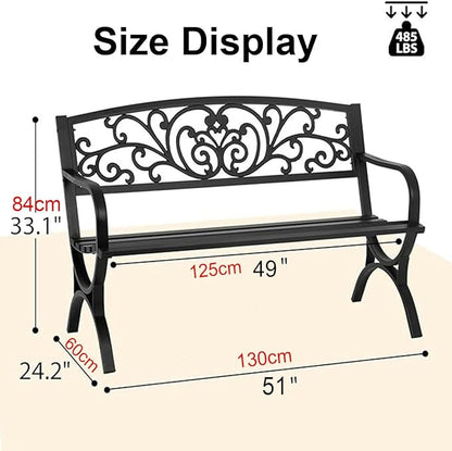 Weatherproof Metal Garden Bench - Slatted Patio Seating with Floral Backrest, Arch Legs for Outdoor Use on Porch, Patio, Lawn & Balcony (White)