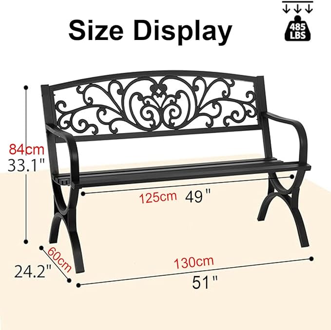 Outdoor Bench Weatherproof Metal Garden Bench with Slatted Patio Bench with Floral Pattern Backrest, Arch Legs for Porch, Patio, Garden, Lawn, Balcony(White)