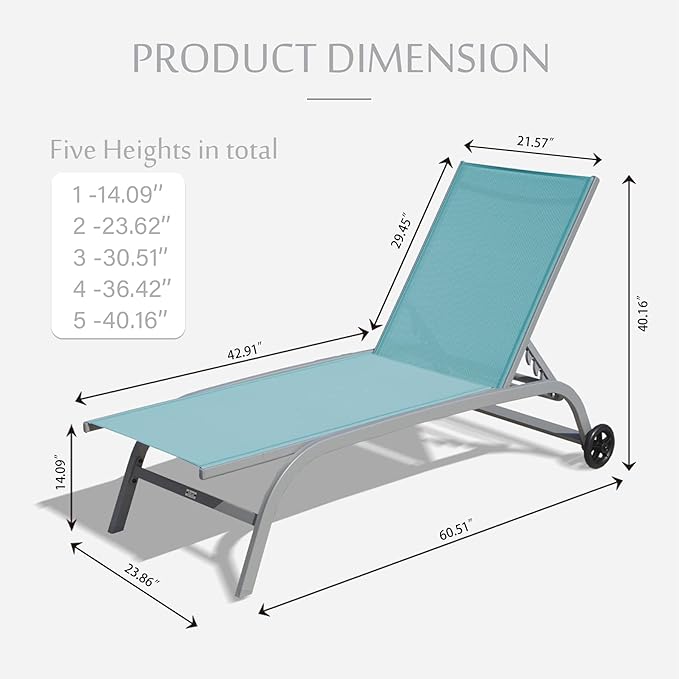 Domi Chaise Lounge Outdoor Set of 2, Lounge Chairs for Outside with Wheels, Outdoor Chaise Lounge with 5 Adjustable Position, Pool Lounge Chairs for Patio, Yard, Deck, Poolside, Turquoise Blue