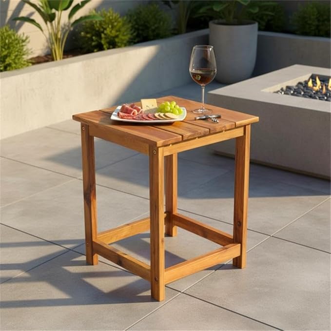 Pemberly Row Modern Acacia Wood Outdoor Patio Side Table, Oak Finish, Weather-Resistant Slatted Design - Photo 2