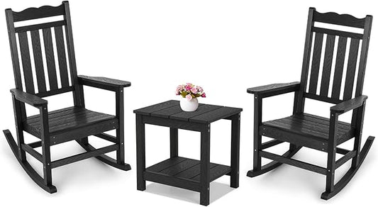 Stoog 3-Piece Oversized Rocking Chairs Set of 2 with Table, Outdoor Rocking Chair with 400 lbs Weight Capacity, All-Weather Porch Rocker for Backyard, Lawn, Patio, Garden and Indoor, Black