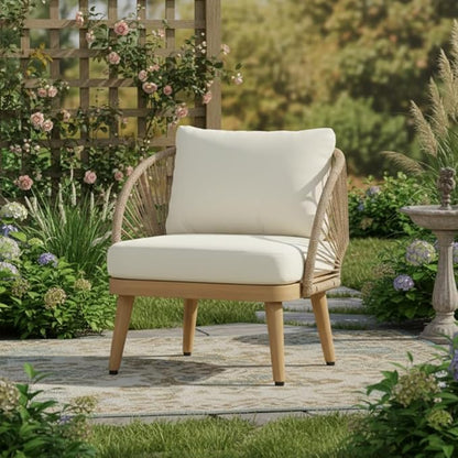 Merax Acacia Wood Outdoor Club Chair - Curved Tub Design Patio Lounge Chair with Handwoven Rope Accents & Weather-Resistant Cushion for Porch, Deck or Garden,Teak+ Beige
