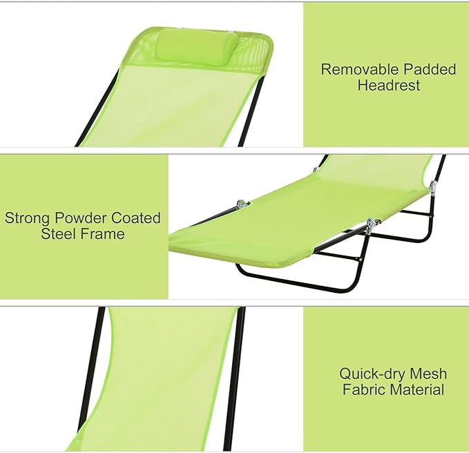 Outdoor Tanning Chair with Pillow, Folding Chaise Lounge Chair with Adjustable Backrest, Portable Lay Flat Beach Lounge Chairs for Sunbathing Poolside Patio Lawn Camping(Green 2)