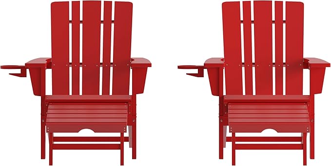 Flash Furniture Halifax Poly Resin Adirondack Chair with Cup Holder and Pull Out Ottoman, All-Weather Poly Resin Indoor/Outdoor Lounge Chair, Set of 2, Red