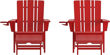 Flash Furniture Halifax Poly Resin Adirondack Chair with Cup Holder and Pull Out Ottoman, All-Weather Poly Resin Indoor/Outdoor Lounge Chair, Set of 2, Red