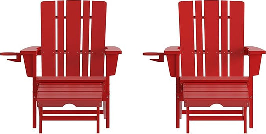 Flash Furniture Halifax Poly Resin Adirondack Chair with Cup Holder and Pull Out Ottoman, All-Weather Poly Resin Indoor/Outdoor Lounge Chair, Set of 2, Red