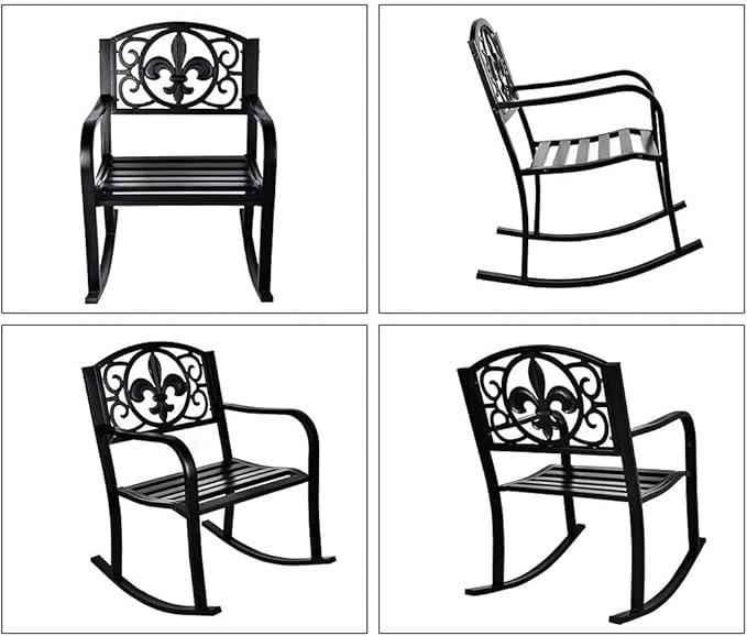 Grepatio Outdoor Patio Rocking Chair, Wrought Cast Iron Furniture Chair Metal Rocking Seat Chairs for for Deck, Backyard or Garden w/Scroll Design (Black)